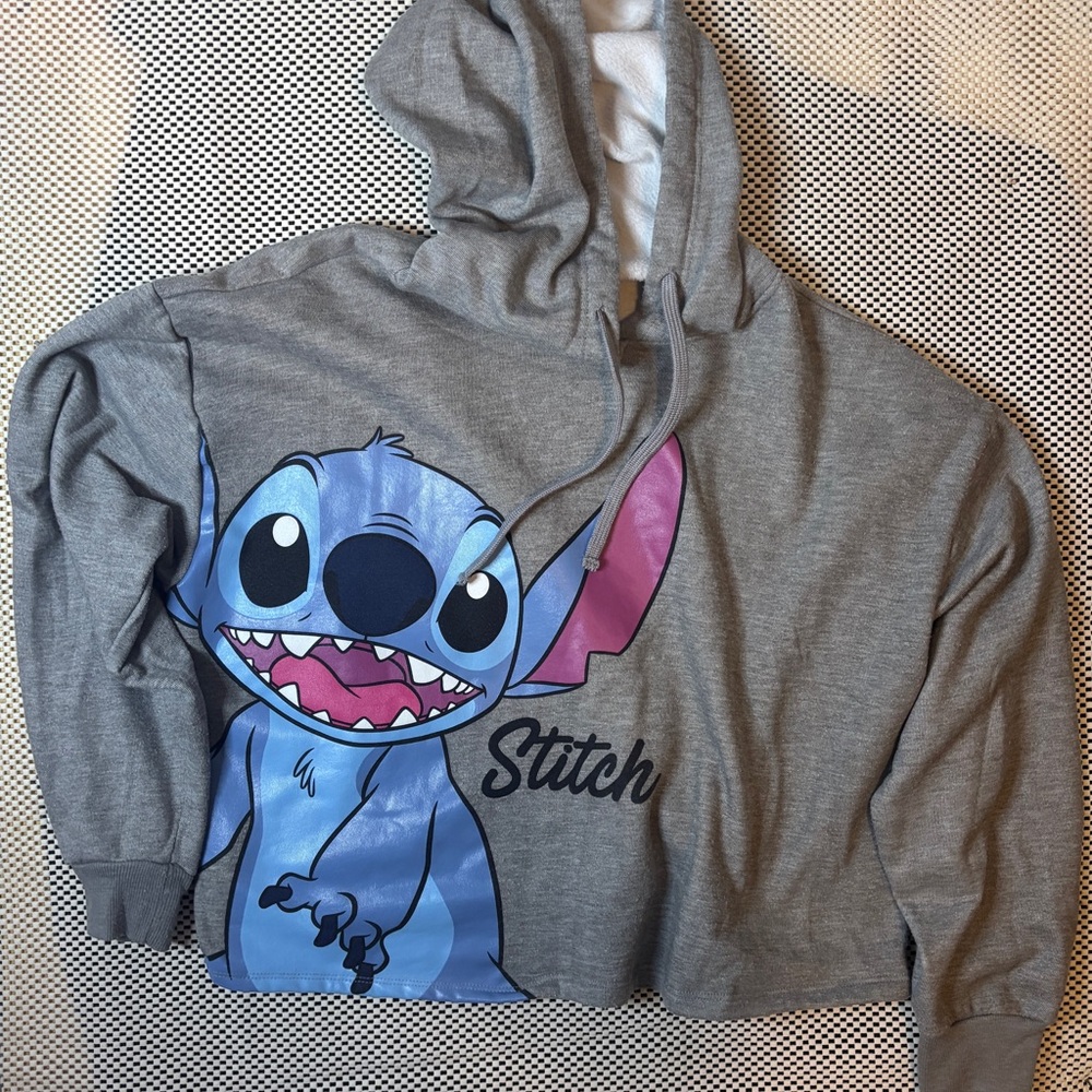 Disney Lilo & Stitch Womens Gray Cropped Hoodie Sweatshirt Pullover Size M